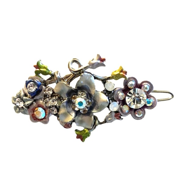 Silver Tone Enamel & Crystal Floral Barrette Duo - Picture 4 of 6